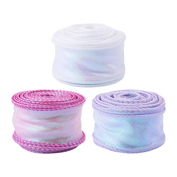 3 Rolls 3 Colors Fishtail Yarn Iridescent Ribbon for Bowknot Making, Gift Wrapping, Mixed Color, 1-5/8 inch(40mm), about 9.84 Yards(9m)/roll, 1roll/color