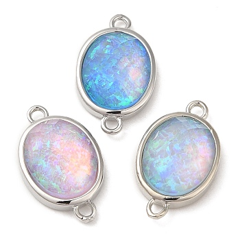 Synthetic Opal Connector Charms, Rack Plating Brass Oval Links, Platinum, Mixed Color, 18x11x5mm, Hole: 1.4mm