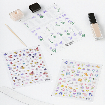 3 Sheets 3 Styles PET Nail Art Stickers, Self-Adhesive, for Nail Tips Decorations, Flower Pattern, Mixed Color, 9x7x0.05cm, 1 sheet/style