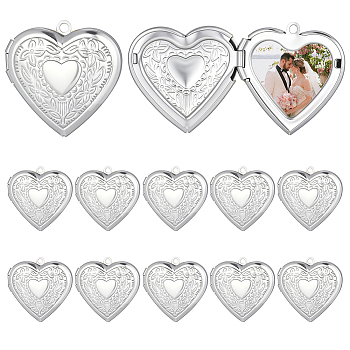 12Pcs 316 Stainless Steel Photo Locket Pendants, Heart Carved Pattern, Stainless Steel Color, 29x28x7mm, Hole: 2mm, Inner Measure: 21x18mm