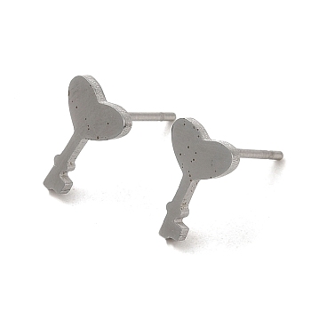 304 Stainless Steel Stud Earrings, Heart Key Shape, Stainless Steel Color, 10x7mm