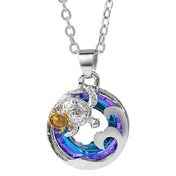 Double Turtle and Wave Alloy Pendant Necklace with Rhinestone, Lucky Jewelry for Mom and Daughter, Platinum & Golden, 17.72 inch(45cm)