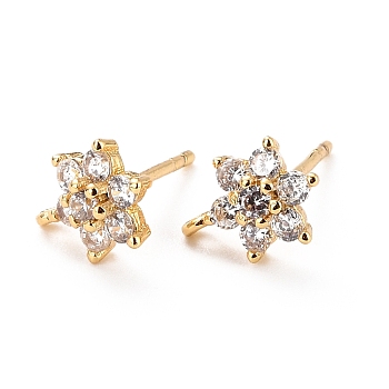 Brass Micro Pave Cubic Zirconia Stud Earrings Findings, Cadmium Free & Lead Free, Flower with Loop, Real 18K Gold Plated, Clear, 9.5x6.5x3mm, Hole: 0.8mm, Pin: 0.9mm