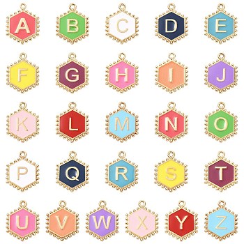 52Pcs Alloy Enamel Pendants, Golden, Letter A~Z Charm, Hexagon, 20x15.5x2mm, Hole: 1.2mm