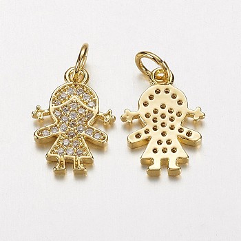 Electrophoresis Brass Micro Pave Cubic Zirconia Charms, Long-Lasting Plated, Girl, Golden, 15x10x1.5mm, Hole: 3mm