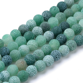 Natural & Dyed Crackle Agate Beads Strands, Frosted Style, Round, Green, 10mm, Hole: 1.2mm, about 37~40pcs/strand, 14.9~15.1 inch(38~38.5cm)