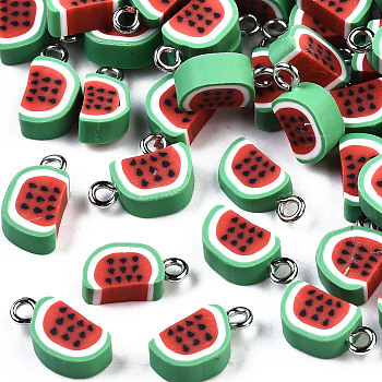 Handmade Polymer Clay Charms, with Platinum Iron Findings, Watermelon, Lime Green & Red, 14~16x8x4.5mm, Hole: 1.8mm