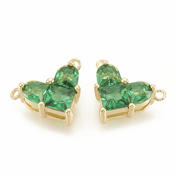 Brass Cubic Zirconia Charms, Nickel Free, Real 18K Gold Plated, Heart, Green, 9.5x12x4.5mm, Hole: 1mm