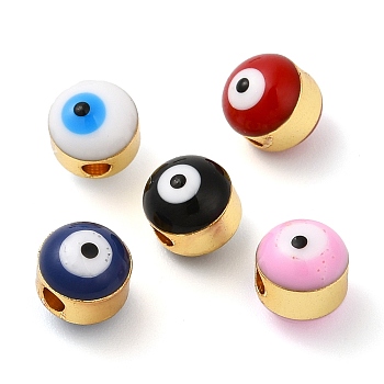 Brass Enamel Beads, Cadmium Free & Lead Free, Long-Lasting Plated, Golden, Rondelle with Evil Eye, Mixed Color, 6x7mm, Hole: 1.8mm