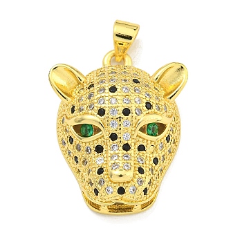 Brass Micro Pave Cubic Zirconia Pendants, Leopard Head Charms, Real 18K Gold Plated, 25x19.5x8.5mm, Hole: 3.5x3mm