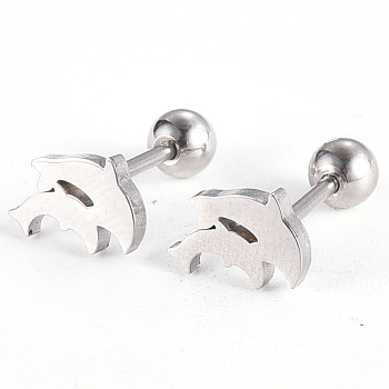 201 Stainless Steel Barbell Cartilage Earrings, Screw Back Earrings, with 304 Stainless Steel Pins, Dolphin, Stainless Steel Color, 5.5x8x2mm, Pin: 1mm