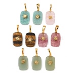 Natural Mixed Stone Pendants, with Brass Findings & 304 Stainless Steel Cabochons, Golden, Rectangle with Sun Pattern Charms, 23~23.5x13~13.5x3.5~4.5mm, Hole: 7.5x4mm(G-G461-04G)