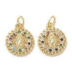 Holy Virgin Theme Brass Cubic Zirconia Charms, with Jump Ring, Lead Free & Cadmium Free, Long-Lasting Plated, Rack Plating, Flat Round, 15x13x3mm, Hole: 3mm(KK-L253-32G-01)