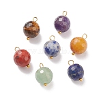 Natural Mixed Stone Charms, with Golden Tone Brass Loops, Faceted, Round, 14.5x9.5~10.5mm, Hole: 2mm(PALLOY-JF01677)