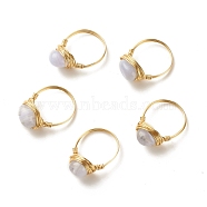 Natural Blue Lace Agate Oval Finger Rings, Copper Wire Wrapped Jewelry for Women, Golden, US Size 8 1/4(18.3mm)~US Size 8 3/4(18.7mm)(RJEW-JR00441-02)