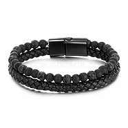 Natural Lava Rock  Beaded Bracelets, Imitation Leather Cord Bracelets for Women Men, with Alloy Clasps, Round, 8-1/4 inch(21cm)(PW24070698483)