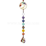 Gemstone Chips Tree of Life Pendant Decorations, Braided Nylon Thread and Gemstone Chip Tassel Car Mirror Hanging Ornaments, Round, 350mm, Bead: 10mm(PW-WG53562-05)