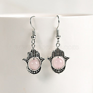 Natural Crystal Stone Hamsa Hand & Round Dangle Earrings, Handmade Sweet Ear Jewelry, Platinum, Pink(UB8598-2)