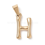 304 Stainless Steel Pendants, Bamboo Style, Letter, Golden Color, Letter.H, 19x11x3mm, Hole: 3x7mm(STAS-F235-01G-H)
