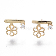 Brass Micro Pave Clear Cubic Zirconia Stud Earring Findings, for Half Drilled Beads, Nickel Free, Flower, Real 18K Gold Plated, 9.5x8mm, Pin: 0.7mm, Pin: 0.8mm(Half Drilled Bead)(KK-N232-03-NF)