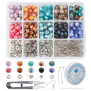 SUNNYCLUE DIY Earring & Bracelets Making Kits, Including Baking Painted Glass Beads, Brass Earring Hooks, Brass & Alloy Spacer Beads, Elastic Crystal Thread, Steel Scissors and Iron Beading Needles, Mixed Color, Glass Beads: 8~8.5mm, Hole: 1.5mm, 200pcs/set(DIY-SC0013-26)