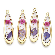 Alloy Epoxy Resin Pendants, with Handmade Dried Flower Inside, Teardrop Charms, Pale Violet Red, 48x13.5x3mm, Hole: 1.6mm(PALLOY-TAC0044-83)