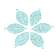 430 Stainless Steel Filigree Pendants, Spray Painted, Etched Metal Embellishments, Leaf, Pale Turquoise, 38x19x0.4mm, Hole: 2.4mm(STAS-S108-01C)