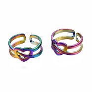 Open Heart Cuff Rings, Hollow Wide Open Rings, Rainbow Color 304 Stainless Steel Rings for Women, US Size 6 3/4(17.1mm)(RJEW-N038-020)