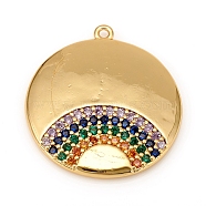 Brass Micro Pave Cubic Zirconia Pendants, Flat Round with Rainbow, Colorful, Golden, 27x24.5x2.5mm, Hole: 1.4mm(KK-D160-58G)