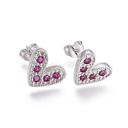 Brass Micro Pave Cubic Zirconia Stud Earrings, with Brass Ear Nuts, Heart, Magenta, Platinum, 10x11.5mm, Pin: 0.7mm(EJEW-F201-02P)