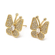 Rack Plating Real 18K Gold Plated Brass Butterfly Stud Earrings, with Cubic Zirconia and Rhinestone, Long-Lasting Plated, Lead Free & Cadmium Free, Clear, 14.5x12.5mm(EJEW-B034-06G)