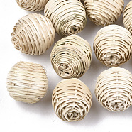 Handmade Woven Beads, Reed Cane/Rattan Covered with Wood, For Making Straw Earrings and Necklaces, No Hole/Undrilled, Round, Antique White, 20~25mm(X-WOVE-T006-103)
