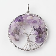 Tree of Life Natural Amethyst Big Pendants, with Brass Findings, Platinum, 63~65x49~51x8~10mm, Hole: 8~10mm(G-L455-D09)