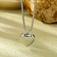 304 Stainless Steel Heart Pendant Flat Snake Chain Necklaces for Women, Stainless Steel Color, 18.66 inch(47.4cm), pendant: 27.5x25mm(NJEW-U012-01P)