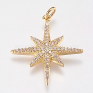 Brass Micro Pave Cubic Zirconia Pendants, Star, Clear, Real 18K Gold Plated, 25x23x3mm, Hole: 3mm(X-ZIRC-E145-52G)