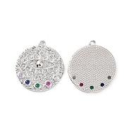 Brass Micro Pave Colorful Cubic Zirconia Pendants, Flat Round with Eye Charm, Platinum, 22x19.5x2.5mm, Hole: 1.2mm(KK-E068-VC103)