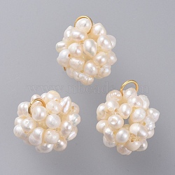 Natural Cultured Freshwater Pearl Pendants, Grade A, with 304 Stainless Steel Open Jump Rings, Round, Golden, Old Lace, 17~18x13~14mm, Hole: 3.5mm(PALLOY-JF00419)