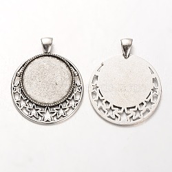 Tibetan Style Alloy Pendant Cabochon Settings, Cadmium Free & Lead Free, Flat Round with Stars, Antique Silver, Tray: 25mm, 44x36x2mm, Hole: 5x7mm(X-PALLOY-J494-30AS)