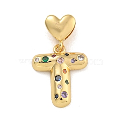 Brass Micro Pave Colorful Cubic Zirconia Pendants, Heart Letter Charms, Real 18K Gold Plated, Letter T, 31mm, Hole: 6x3mm, pendant: 21.5x18.5x4mm(KK-P281-01G-T)