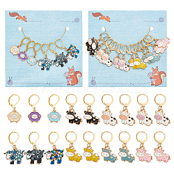 2 Sets 2 Style Cow & Sheep Alloy Enamel Charm Locking Stitch Marker, Crochet Leverback Hoop & Lobster Clasp Charm, Mixed Color, 31~36mm, 1 set/style(HJEW-NB0002-10)