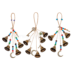 Iron Bell Pendant Decorations, with Wood Beads and Jute Cord, Witch Bell for Door Knob, Wind Chimes, Moon & Key, Antique Bronze, 305~315mm, 3 style, 1pc/style, 3pcs/set(HJEW-AB00156)