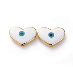 Golden Tone Brass Beads, with Enamel, Heart with Evil Eye, White, 14x20x5mm, Hole: 1.8mm(ENAM-L025-A-08)