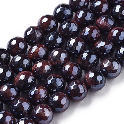 Electroplated Natural Tiger Eye Beads Strands, Faceted, Round, Coconut Brown, 12mm, Hole: 1mm, about 32~33pcs/strand, 15.1~15.3 inch(38.5~39cm)(G-F660-02-12mm)
