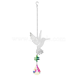 Metal Hollow Hummingbird Hanging Ornaments, Glass Tassel Suncatcher for Window Garden Decoration, Leaf, 340mm(PW-WG0918C-01)