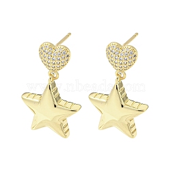 Rack Plating Real 18K Gold Plated Brass Micro Pave Cubic Zirconia Dangle Stud Earrings, Long-Lasting Plated, Lead Free & Cadmium Free, Star, 30x18mm(EJEW-F331-08G-01)