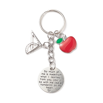 Red Apple Triangular Ruler Alloy Charm Keychain, Flat Round with Word Keychain for Teacher's Day Gifts, Antique Silver & Platinum, 8cm