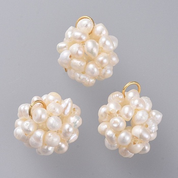 Natural Cultured Freshwater Pearl Pendants, Grade A, with 304 Stainless Steel Open Jump Rings, Round, Golden, Old Lace, 17~18x13~14mm, Hole: 3.5mm