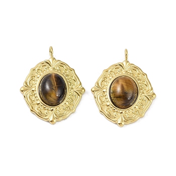 Natural Tiger Eye Pendants, Ion Plating(IP) 304 Stainless Steel Oval Charms, Real 18K Gold Plated, 25x20x6mm, Hole: 2.5mm