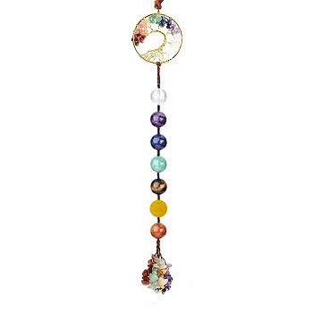 Gemstone Chips Tree of Life Pendant Decorations, Braided Nylon Thread and Gemstone Chip Tassel Car Mirror Hanging Ornaments, Round, 350mm, Bead: 10mm