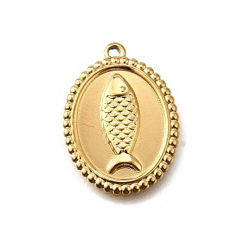 304 Stainless Steel Pendants, Ion Plating(IP), Oval with Fish Charm, Golden, 23.5x17x2mm, Hole: 1.2mm